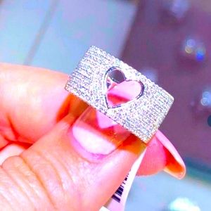 Sterling Silver Wide band pave sim. diamond ring w/cutout heart NEW Size 8
